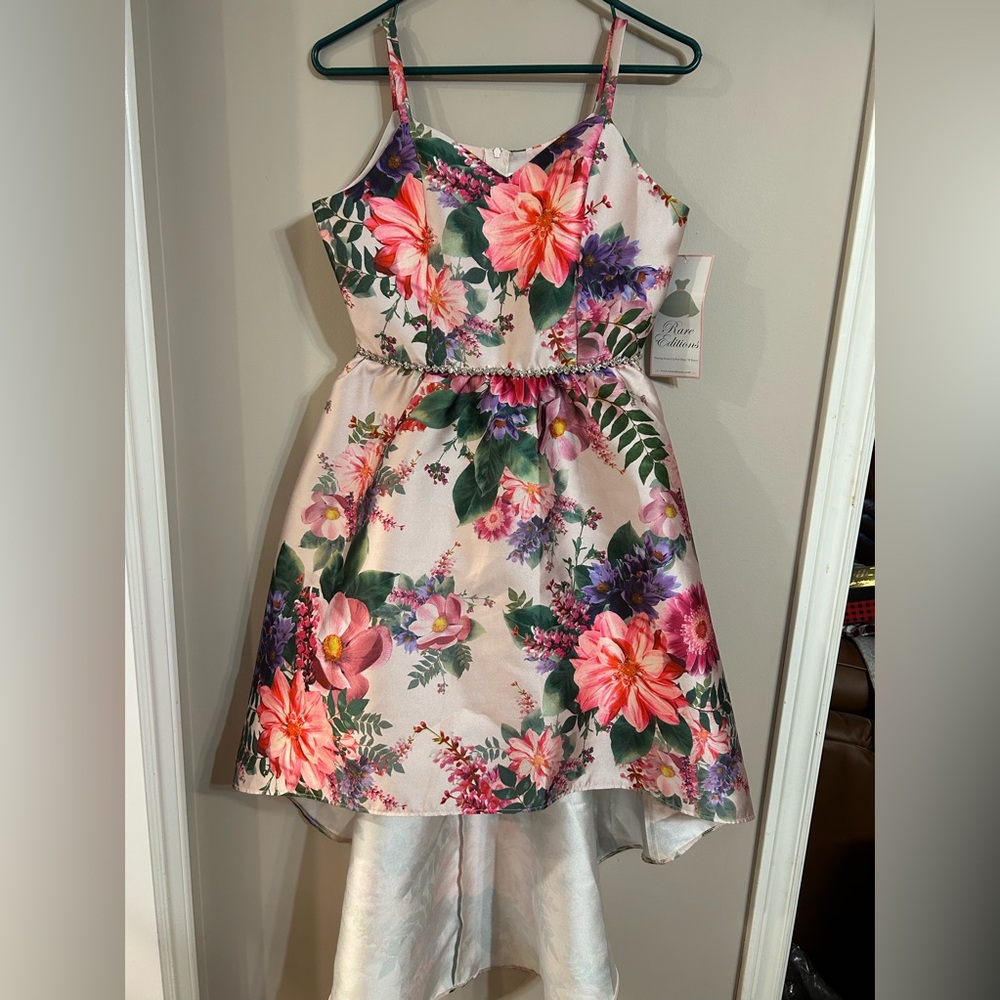 Girls size 16 Rare Edition high/low dress. Blush with floral, NWT satin youth